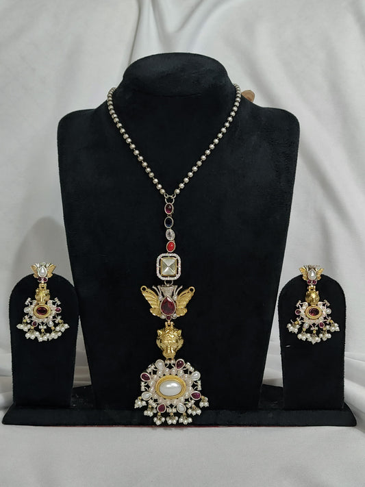 Royal Silver Replica Necklace Set with Intricate Pearl & Gemstone Detailing