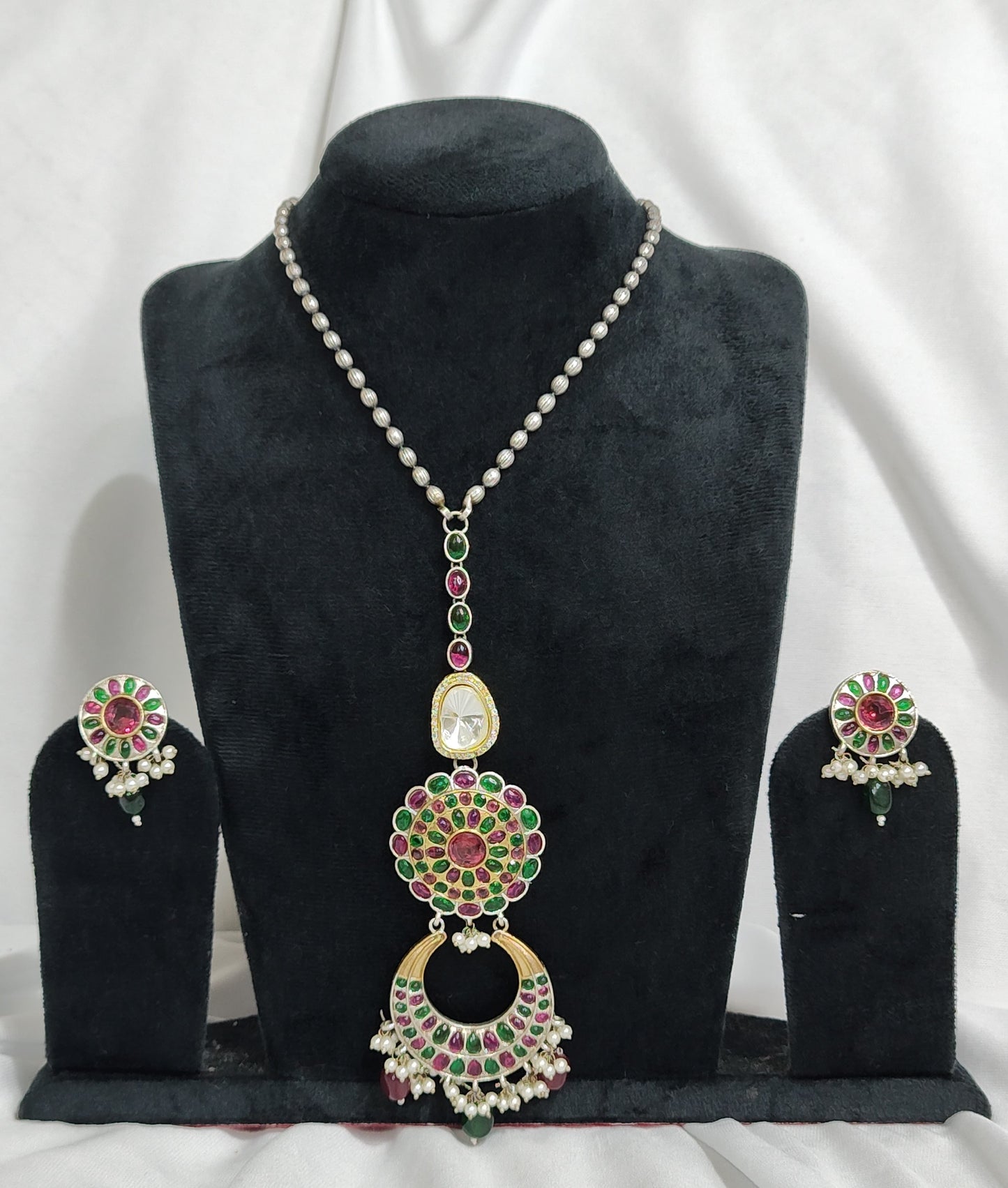 Silver Replica Multi-Stone Crescent Necklace Set