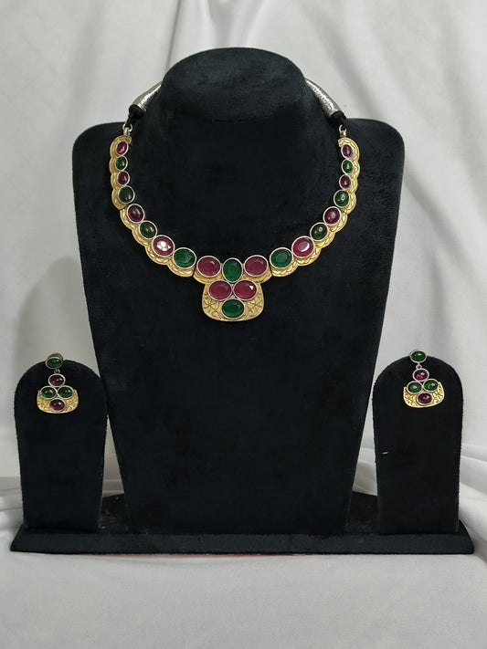 Traditional Green and Red Gemstone Necklace Set – Silver Replica