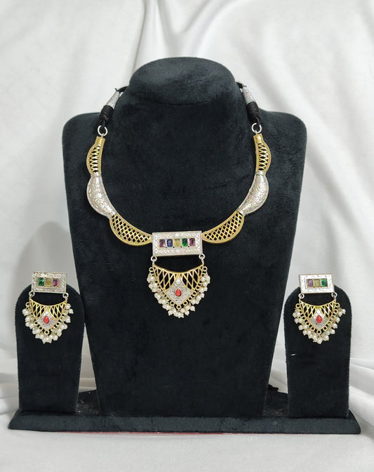 Traditional Silver Replica Necklace Set with Multi-Color Gemstones