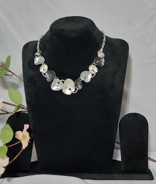 Black and White Petal Enamel Necklace with Silver-Tone Chain