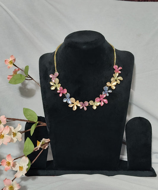 Pastel Floral Enamel Necklace with Gold-Tone Chain