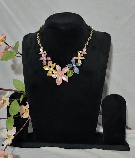 Colorful Floral Statement Necklace with Enamel and Crystal Accents