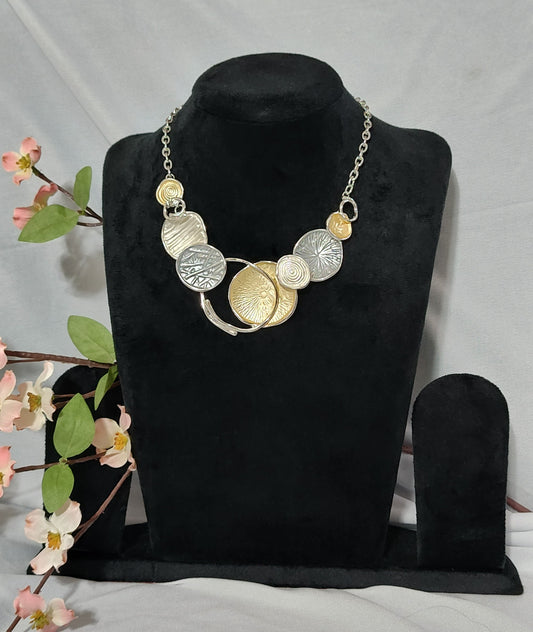 Gold and Silver Textured Disc Statement Necklace