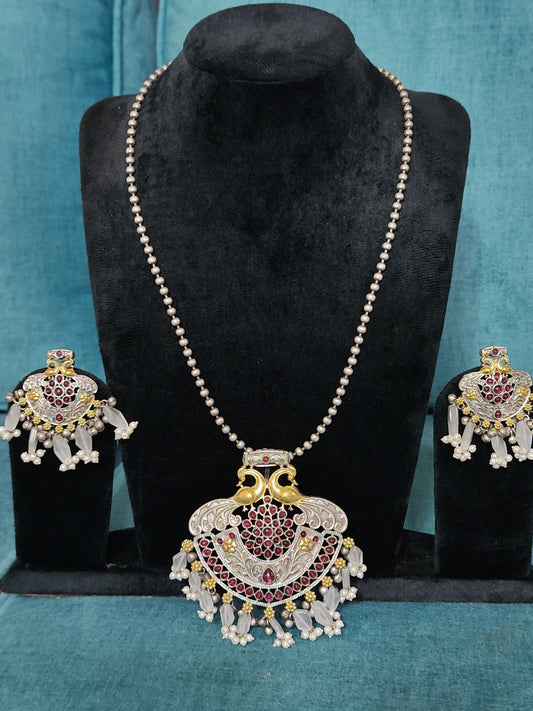 Regal Peacock Silver Replica Necklace Set