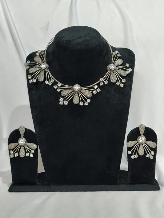 Exquisite Silver Fusion Necklace and Earrings Set with Crystal Embellishments