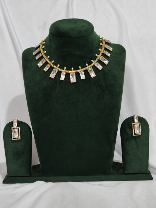 Gold-Plated Geometric Crystal Necklace and Earrings Set