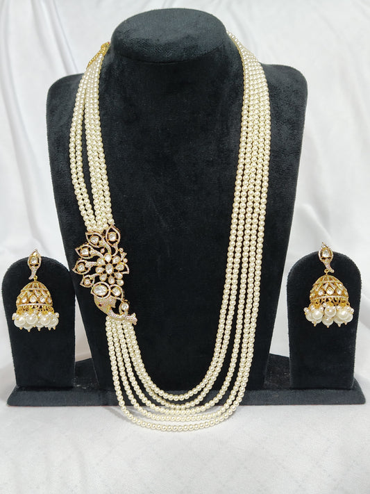 Opulent Multi-Strand Pearl Necklace Set with Kundan Jhumka Earrings