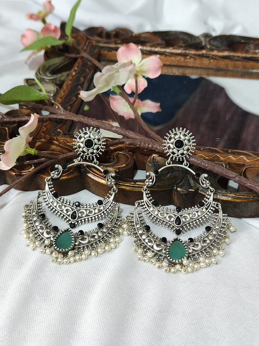 Vintage Crescent Moon Chandbali Earrings with Green and Black Stones