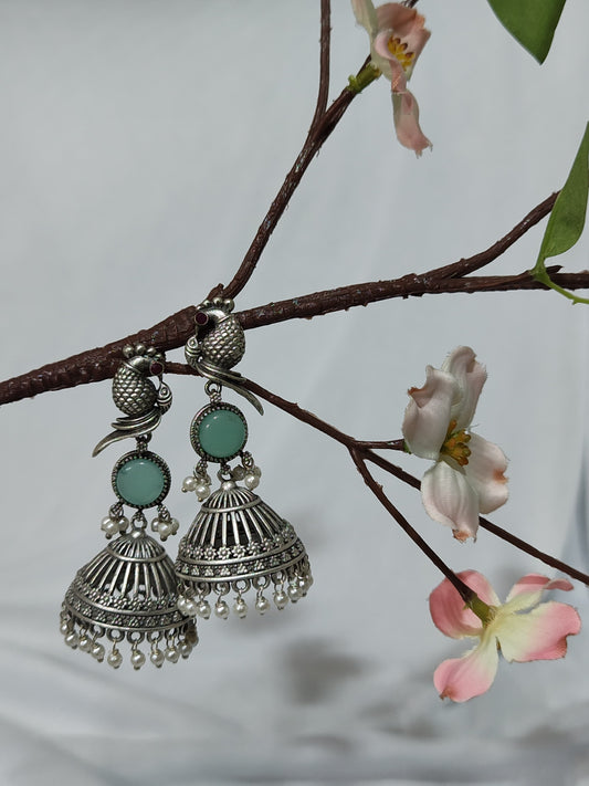 Antique Silver-Plated Owl Jhumka Earrings with Mint Green Stones