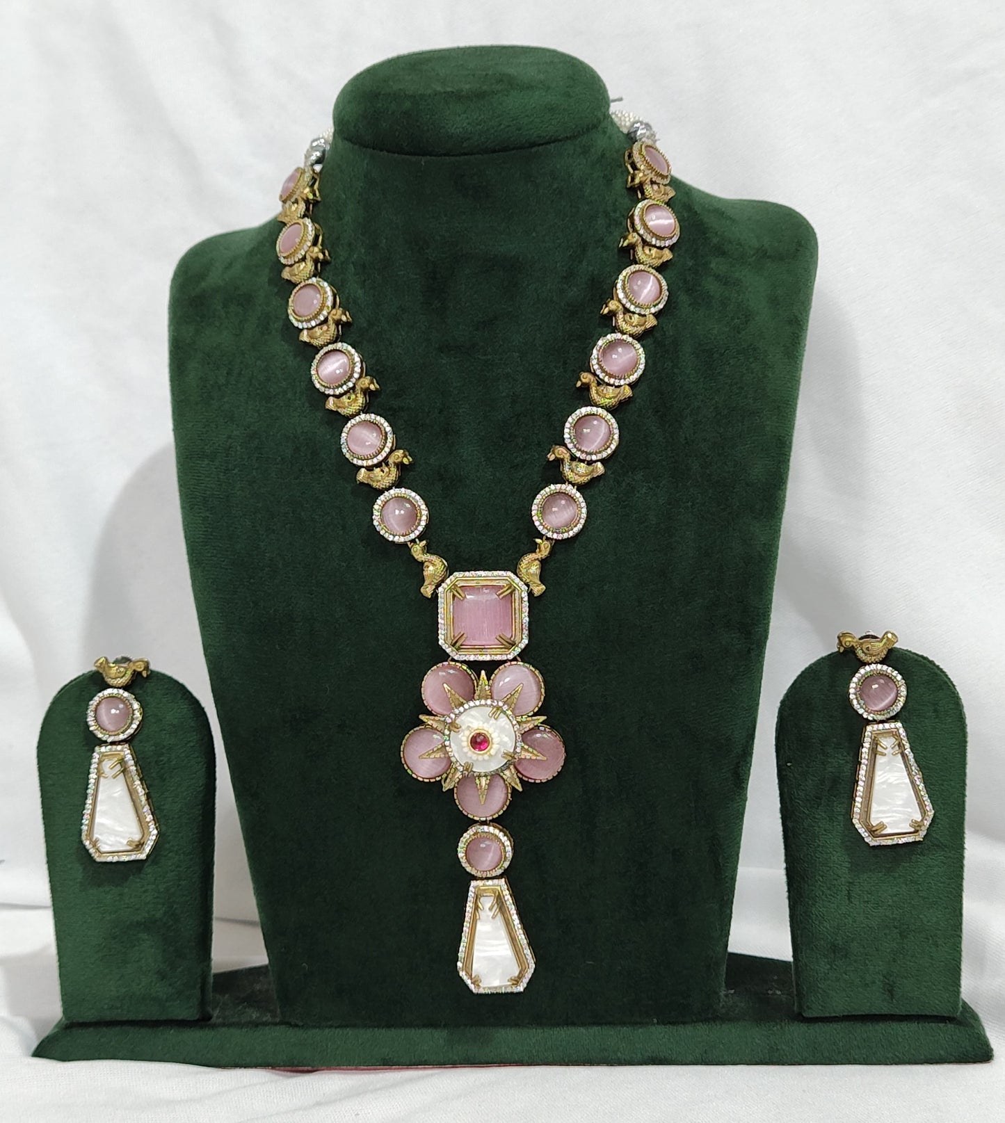 Sabyasachi Neckpiece in Antique Polish with Floral Pendant and Pink and White Stone