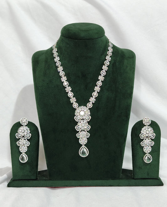 Radiant Floral American Diamond Long Necklace Set with Teardrop Pendant and Earrings