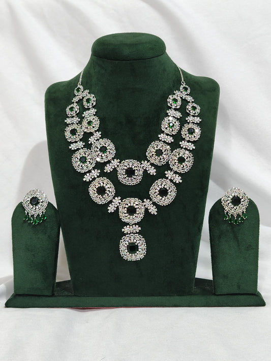 Heavy Double Layer Emerald Green Necklace Set with AD Crystals