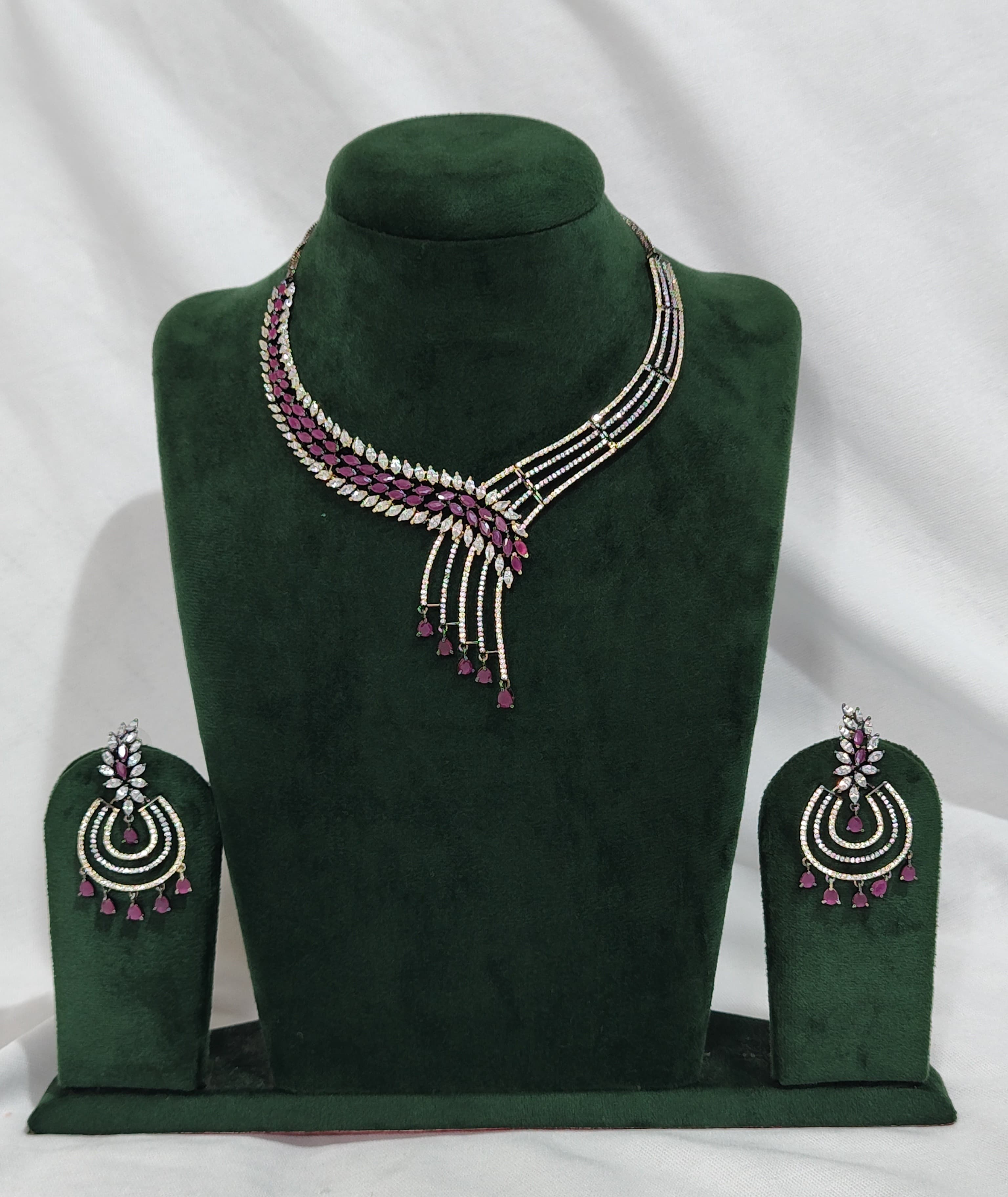 Beautifully Designed Ruby American Diamond Choker Necklace Set with Ea KantiKundan