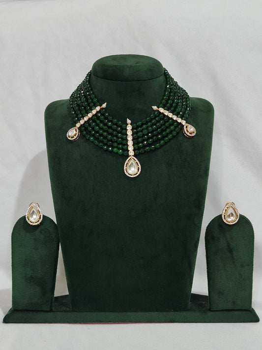 Statement  Emerald Green Beaded Choker Set With Mossonite Studs