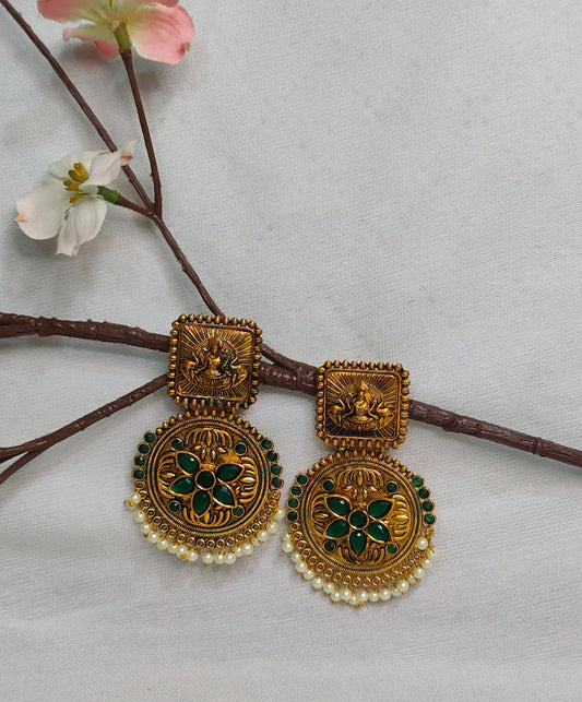 Temple Design Earrings with Green Stones and Pearl Accents in Antique Gold Polish