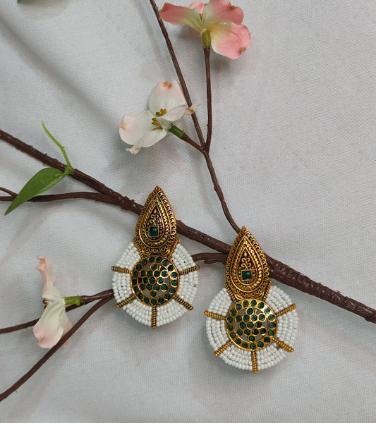 Antique Gold Earrings with Green Stones and White Beaded Accents