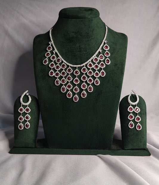 Beautiful layered American Diamond neckpiece in Ruby colour with beautiful stylish earrings