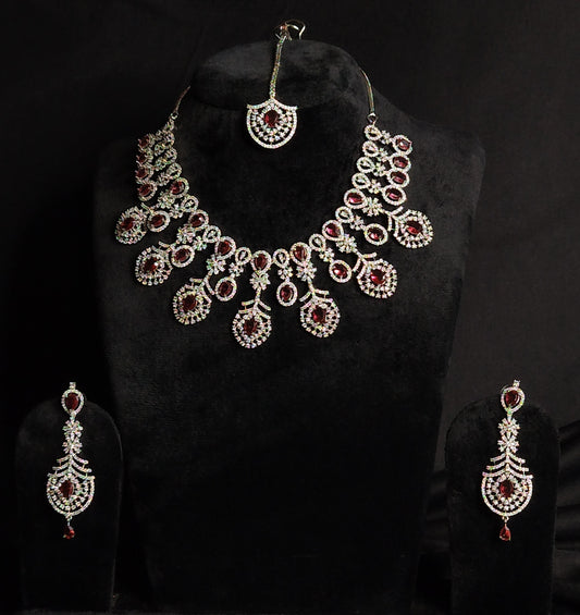 Semi Bridal American Diamond Necklace in Ruby colour with stylish danglers