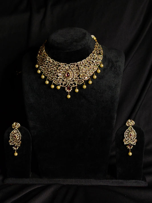 American Diamond Necklace in Antique Gold plated with earrings | best for traditional outfits